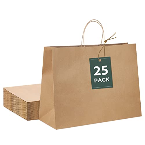 GSSUSA 16x6x12 Brown Kraft Paper Bags with Handles, Gift Bags for Small Business, Paper Shopping Bags, Grocery Bags, Shopping Bags for Boutique, Food Service Take Out, Large Paper Bags,Bulk 25 Pack