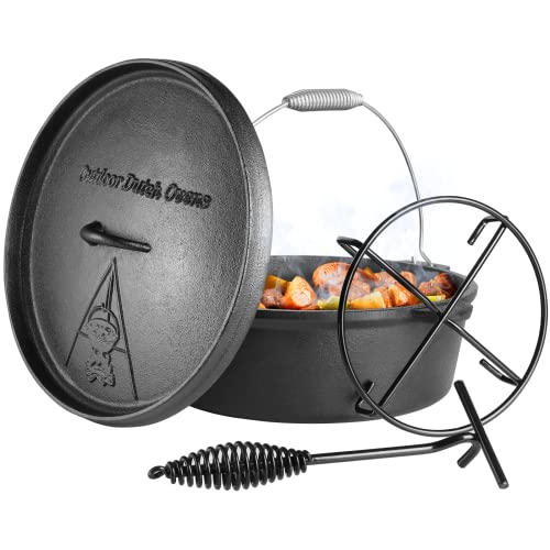 LIFERUN Dutch Oven Pot with Lid, 12 Quart Cast Iron Dutch Oven, without Feet, with Stand & Spiral-shaped Handle, Cast Iron Pot for Outdoor & Indoor