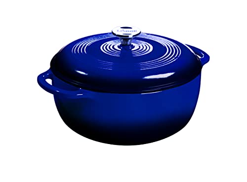 Lodge 7.5 Quart Enameled Cast Iron Dutch Oven with Lid  Dual Handles  Oven Safe up to 500 F or on Stovetop - Use to Marinate, Cook, Bake, Refrigerate and Serve  Indigo