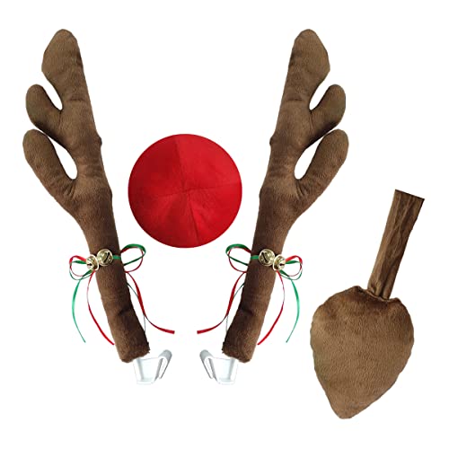 Car Reindeer Decoration, Reindeer Antlers Nose Tail with Jingle Bell Christmas Decoration for Car Windows, Grille, Christmas Decor Best for Cars, Vehicles, SUVs, Trucks, Car Exterior Accessories