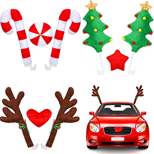 Tallew 3 Pieces Car Reindeer Antler Kit Christmas Decorations Deer Nose Star Candy Canes Auto Accessories for Holiday Christmas Car Decorations