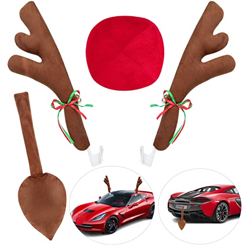 Car Reindeer Antler Kit Nose and Tail, Reindeer Christmas Decoration for Car Window Roof-Top & Front Grille,Christmas Reindeer Antlers Auto Decoration Set for Car SUV Van Truck by Hydencamm