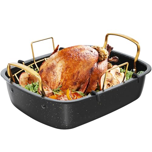 Slow Slog Roasting Pan, 17 Inch x 13 Inch Roaster with Removable Rack, Nonstick Roaster Pan for Roasting Turkey, Meat & Vegetables (Gold)