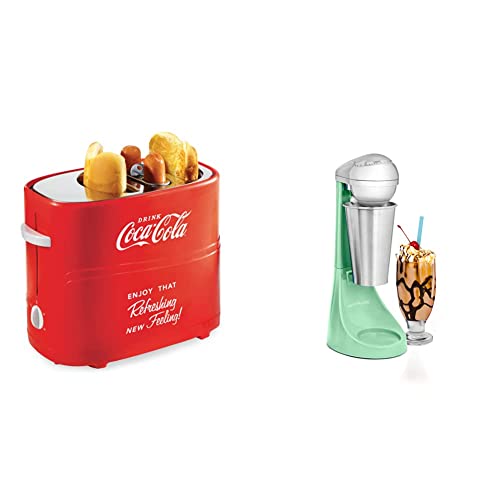 Nostalgia Coca-Cola 2 Slot Bun Mini Tongs, Retro Red & Two-Speed Electric Milkshake Maker and Drink Mixer, Includes 16-Ounce Stainless Steel Mixing Cup & Rod, Jade Green