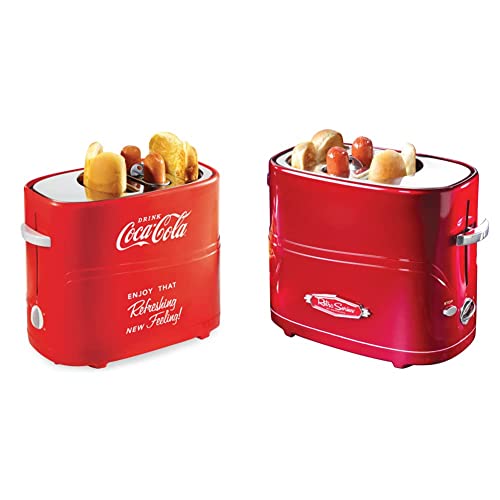 Nostalgia Coca-Cola 2 Slot Bun Mini Tongs, Retro Red & 2 Slot Hot Dog and Bun Toaster with Mini Tongs, Hot Dog Toaster Works with Chicken, Turkey, Veggie Links, Sausages and Brats, Retro Red