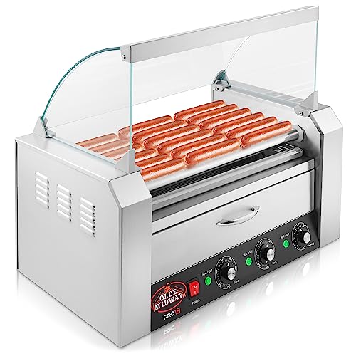 Olde Midway Electric 18 Hot Dog 7 Roller Grill Cooker Machine with Bun Warming Drawer and Cover - Commercial Grade, Stainless Steel