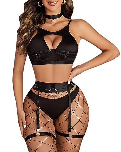 Avidlove Lingerie for Women with Garter Belt Sexy Push Up Lingerie Set Underwire Bra and Panty Sets Boudoir Outfits Black