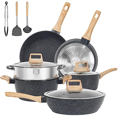 SODAY Pots and Pans Set, Nonstick Kitchen Cookware Sets, 12 Pcs Induction Granite Cooking Set with PFOS & PFOA Free Frying Pans, Saucepans, Steamer Silicone Shovel Spoon & Tongs (Black)