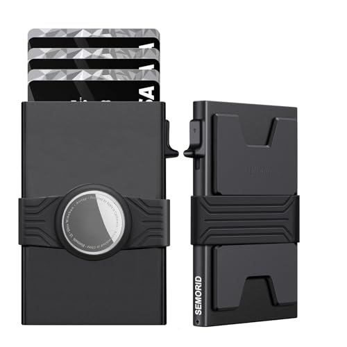SEMORID Minimalist Men Pop Up Wallet with AirTag Holder | RFID Blocking Aluminum Credit Card Holder | Slim Trackable Wallet for Apple Air Tag | Front Pocket Metal Case (Black)