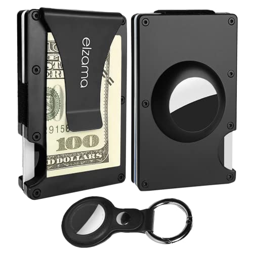 ELZAMA Smart AirTag Wallet with Metal Money Clip and Air Tag Keychain| Thin Minimalist Credit Card Case Slim Wallets with AirTags Holder and RFID Blocking for Men & Women (Apple Air Tags NOT Included)
