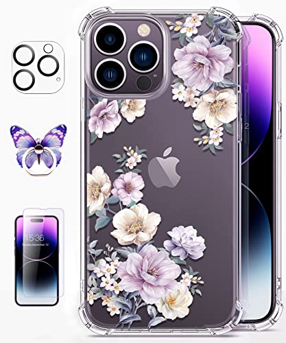 ROSEPARROT Designed for iPhone 14 pro max Case with Tempered Glass Screen Protector + Camera Lens Protector, Clear with Floral Pattern Design, Shockproof Protective Cover Anemone Blooms