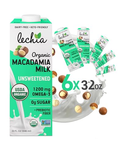 Lechia Organic Macadamia Milk Unsweetened, 1200mg Omega-3 + Prebiotics, Sugar Free, Whole30 Approved, Keto, Low Carb, Non Dairy, Lactose Free, Vegan, Plant Based, Gluten Free, Soy Free, Kosher, Non-GMO, Shelf-Stable, 32oz (6 Pack)