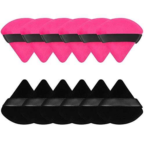 Pimoys 12 Pieces Powder Puff Soft Face Makeup Sponge Velour Triangle Powder Puffs for Loose Powder Mineral Powder Body Powder Cosmetic Foundation Sponge Beauty Makeup Tool(Black,Rose Red)