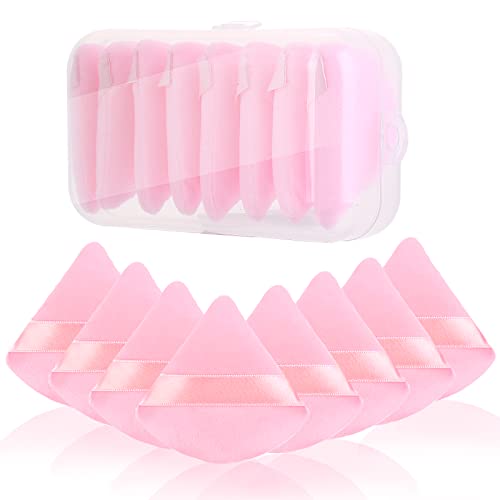 WLLHYF 8Pcs Powder Puffs Face Cosmetic Sponge Triangle Powder Puff Washable Reusable Velour Cotton Puff Setting Makeup Sponge for Under Eyes and Face Body Loose Powder Makeup Tool with Box(Pink)