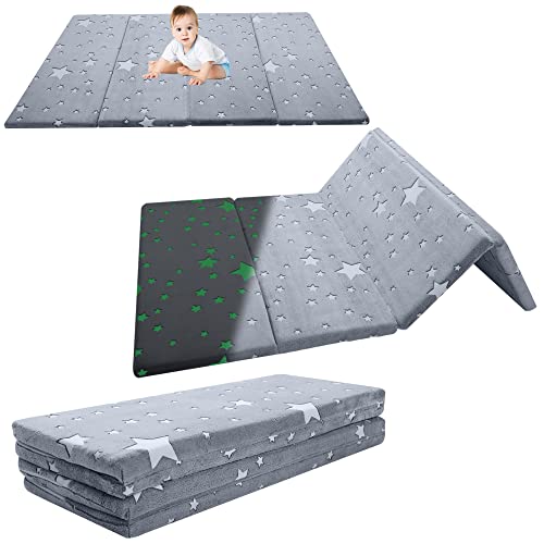 MeMoreCool Glow Foam Baby Play Mat Crawling Mat Baby Rug for Play Area, Foldable Kids Play Mat Padded Floor Mat for Kids Playroom, Plush Thick Carpet Folding Playmat for Baby Room, Large 6x4 FT