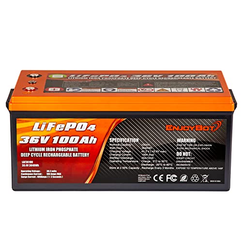 Enjoybot 36V 100Ah LiFePO4 Lithium Battery, Built-in 100A BMS Low Temperature Cut-Off Function and Grade A Cells, Peak Current 500A Perfect for Golf Cart Solar Off-Grid RV Home Energy Storage