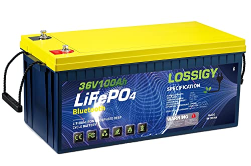 LOSSIGY 36V 100AH LiFePO4 Lithium Battery, Built in Bluetooth BMS with 10 Yrs Lifespan, Perfect for Golf Cart, Trolling Motor, Solar System, RV, Marine