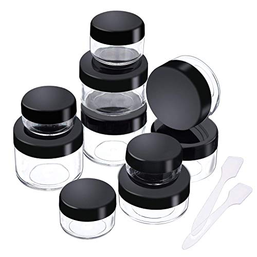 Onwon 10 Pieces Empty Clear Plastic Makeup Sample Containers with 2 Pieces Mini Spatula 3/5 / 10/15 / 20 Gram Size Cosmetic Pot Jars with Screw Cap Lids