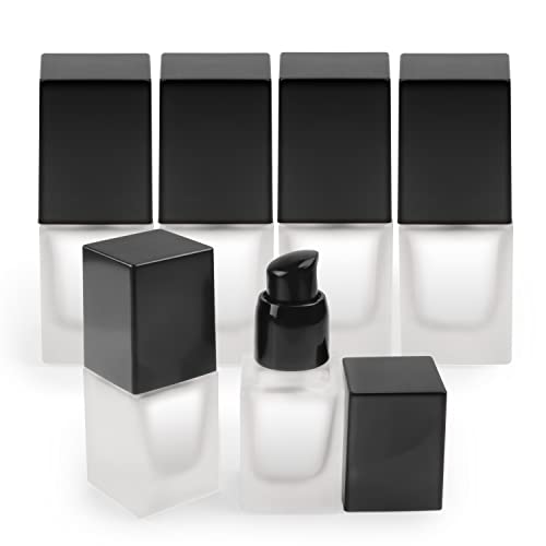 6 Pack 15ml/0.5oz Frosted Glass Foundation Bottle Square Empty Essence Pump Bottle Travel Lotion Cream Sample Bottles with Black Pump Head