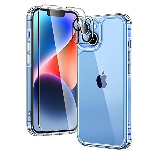 TAURI 5 in 1 Designed for iPhone 14 Plus Case Clear, [Not-Yellowing] with 2X Tempered Glass Screen Protector + 2X Camera Lens Protector, [Military-Grade Drop Protection] Slim Phone Case 6.7 Inch