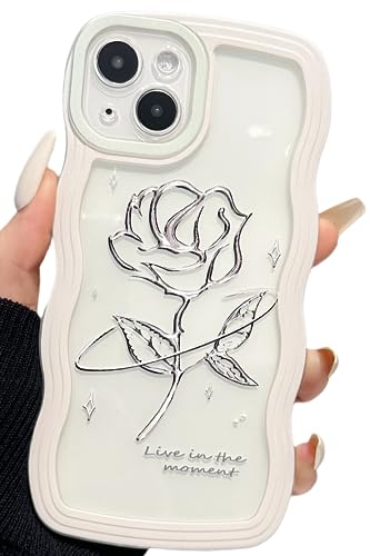 UICEAM Compatible with iPhone 14 Plus Case Clear with Floral Design for Women Girls,Aesthetic Cute Wavy Flowers Soft Shockproof Cell Phone Cover for iPhone 14 Plus 6.7 Inch (Rose/White)