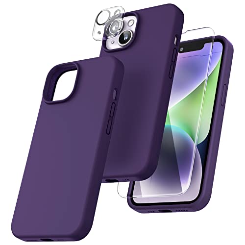 TOCOL [5 in 1 for iPhone 14 Plus Case, 2X Screen Protector + 2X Camera Lens Protector, Slim Liquid Silicone Phone Case iPhone 14 Plus 6.7 Inch, [Anti-Scratch] [Drop Protection], Midnight Purple