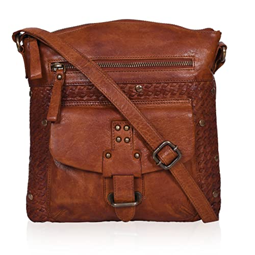 Full Grain Leather Cross body bags for Women trendy vintage Tan - weaving pattern Medium size Shoulder Bag