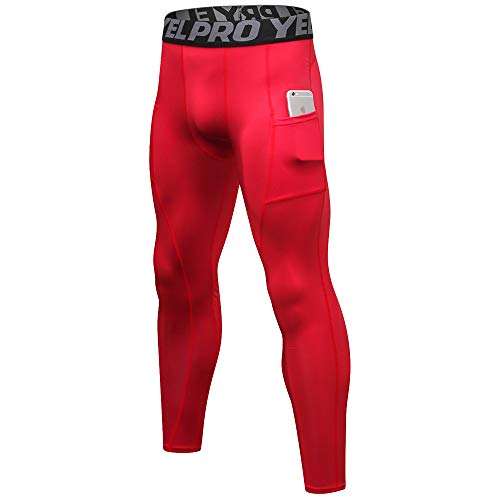 Queerier Mens Compression Pants Active Athletic Leggings with Pockets Running Baselayer Tights Cycling Workout Pants A-red