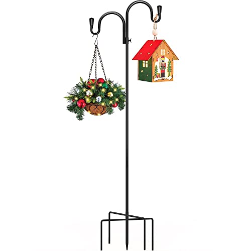 PEEKI Double Shepherds Hook, Adjustable Bird Feeder Pole for Outside with 5-Prong Base, Heavy Duty Garden Shepards Hooks for Outdoor Plant Hanger, Hummingbird Feeder Stand (47 Overall Height, 1-Pack)