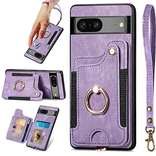 JanCalm for Pixel 7 Case,Card Holder Wallet for Google Pixel 7 Case,Ring Holder Stand,RFID-Blocking,Wrist Strap,Camera Protector,Leather Protective Magnetic Flip Cover for Google Pixel 7-5G (Purple)