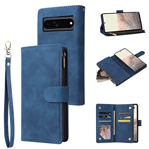 RANYOK Compatible with Google Pixel 7 Wallet Case, Premium PU Leather Zipper Flip Folio Wallet RFID Blocking with Wrist Strap Magnetic Closure Built-in Kickstand Protective Case-Blue