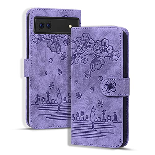 Rosbtib Flip Case for Google Pixel 7 6.3 Inch Cover, Premium PU Leather Magnetic Closure Case with Flip Wallet Stand Function Cover for Pixel 7 - Cherry Cat Purple