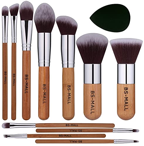 BS-MALL Makeup Brush Set 11Pcs Bamboo Synthetic Kabuki Brush Set Foundation Powder Blending Concealer Eye shadows Blush Cosmetics Brushes with Organizer Bag & Makeup Sponge