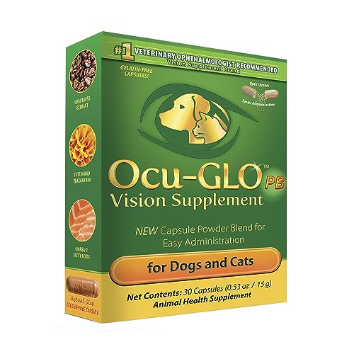 Ocu-GLO PB Vision Supplement for Small Dogs & Cats  Easy to Administer Powder Blend with Lutein, Omega-3 Fatty Acids, Grape Seed Extract and Antioxidants to Promote Eye Health, 30ct Sprinkle Capsules