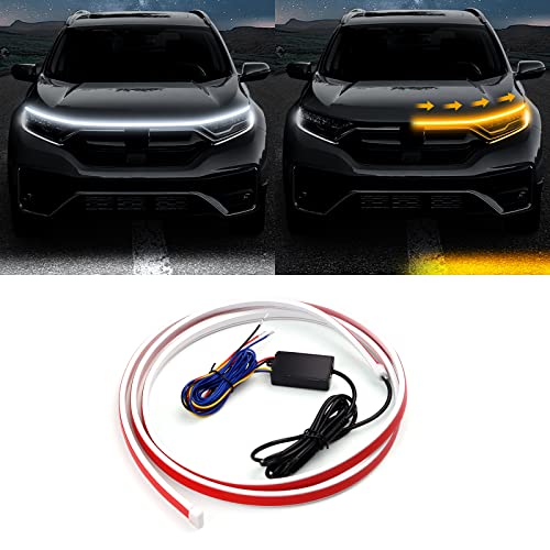JUPIZEUS LED Car Under Hood Light Strip Cuttable Automotive Engine LED Strips Turning Light Guide Decorative Waterproof IP66 Daytime Exterior Decoration Accessories DC 15V White & Yellow 70.9in