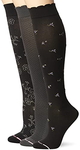 Dr. Motion womens 3-pack Floral Cmpression Knee Casual Sock, Black/Grey/Black, 9 11 US