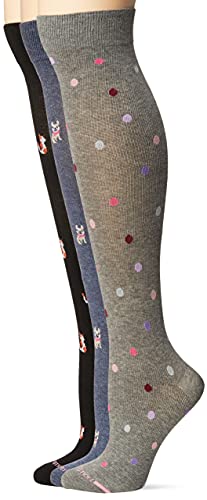 Dr. Motion Women's 3-Pack Cats, Dots, Dogs Compression Socks, Black/Grey Heather/Denim Heather, One Size