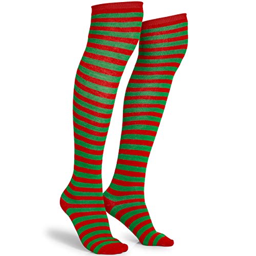 Skeleteen Red and Green Socks - Over the Knee Thigh High Striped Elf Costume Accessories Stockings for Men, Women and Kids