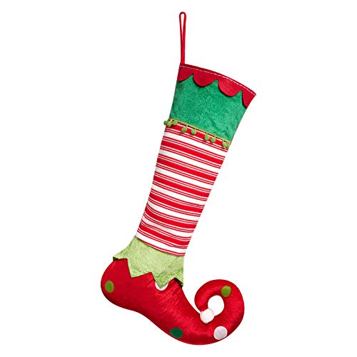 28 Inch Big Large Elf Christmas Stocking with Red Green Cuff, Candy Striped and Polka Dots on Shiny Fabric, Elf Christmas Decoration Xmas Gifts Holiday Fireplace Xmas Tree Dcor and Ornament-1pcs