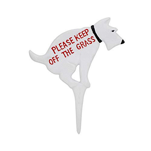 MiMu White Cast Iron Please Keep Off Grass Sign with Stake - Painted Metal Lawn No Dog Sign for Yard with Text 1-Pack