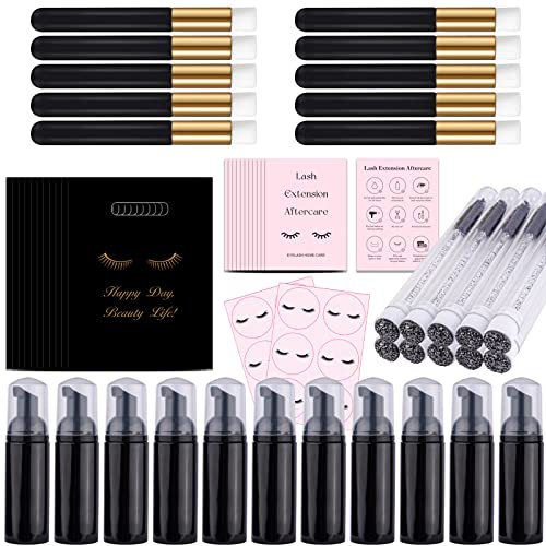 52PCS Lash Shampoo Bottles and Brushes Set, 10pcs Foam Pump Dispenser, 10pcs Nose Pore Deep Cleaning Brush, 10pcs eyelash extension tube brush, 10pcs Extension Aftercare Instructions Cards, 2pcs eyelash stickers, 10pcs Lash Aftercare Bagsfor Business Clients (black)