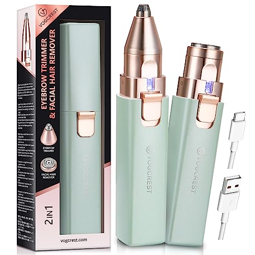 VG VOGCREST Eyebrow - Facial Hair Remover Women: Electric Portable 2 in 1 Face Shaver and Eyebrow Trimmer, Rechargeable Eyebrow Lips Body Facial Hair Removal for Women with Built-in LED Light (Green)