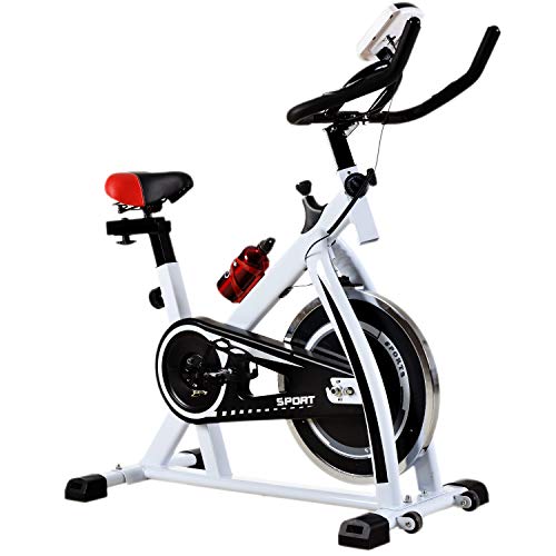 HCB Exercise Bike Indoor Cycling Bike Stationary Bike with Adjustable Seat and Resistance, Comfortable Seat Cushion Cycle Bike for Home Cardio Workout (White)