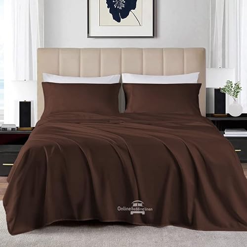Online Bedding Linen Alaskan King Size Flat Sheet - Chocolate Solid 800 Thread Count 100% Egyptian Cotton 3Pcs (1Flat Sheet with 2Pillowcases) Soft & Silky Sateen Weave for Home & Hotel, 125 x 135