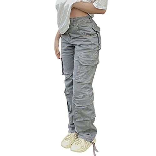 Viatabuna High Waisted Cargo Pants for Women Baggy Y2k Straight Wide Leg Pants with Pockets Streetwear A-Grey