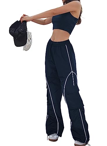 Allytok Parachute Pants for Women Y2K Baggy Drawstring Cargo Jogger Track Pants with Pockets Petite Cute Girls Streetwear Trousers Navy Blue X-Small