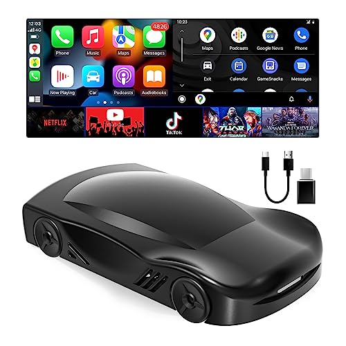 LERANDA Wireless Carplay and Android Auto Adapter, Carplay Wireless Adapter Magic Ai Box with Netflix/YouTube/TikTok/Google Play/TF Card, Plug and Play, Suitable for 2016+ OEM Wired CarPlay Cars