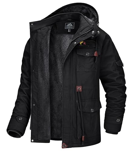 MAGCOMSEN Winter Coats for Mens Military Parka Jacket Fleece Lined Winter Cargo Jackets Black L