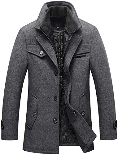 chouyatou Men's Gentle Layered Collar Single Breasted Quilted Lined Wool Blend Pea Coats (Large, Grey)