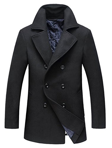chouyatou Men's Classic Notched Collar Double Breasted Wool Blend Pea Coat (Large, Black)